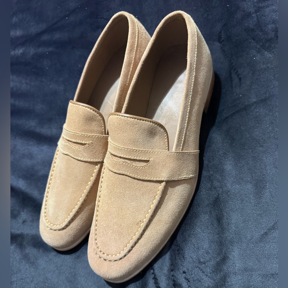 Men's Verve Vestige Suede Penny Loafers in Beige. Handmade size 11